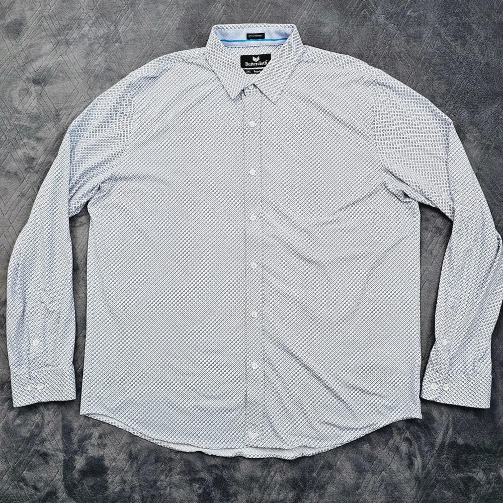 Buttercloth Button Up Shirt Mens 2XL White Blue Icy Cotton Geometric Regular Fit